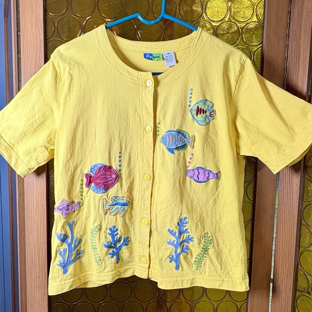 VTG Applique Fish Short Sleev Shirt Granny Core Onque Sz M Nautical Ocean Theme